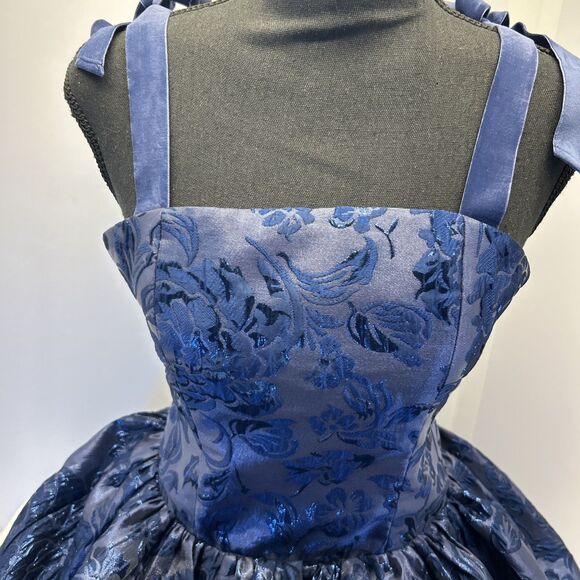 Alice Olivia Mini Midnight Blue Fit & Flare Metallic Look Velvet Bow Straps SZ 0 - Picture 2 of 9